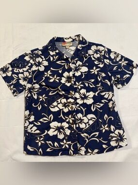 Hilo Hattie Navy Blue and White Floral Hawaiian Button-Down Shirt BOXTYPE size M